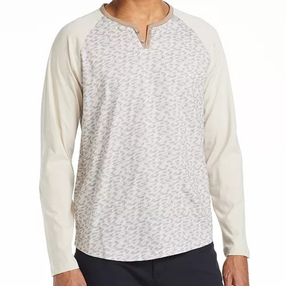 Tallia Slim Fit Fuzzy Print Henley Tee in Beige and Taupe Size L